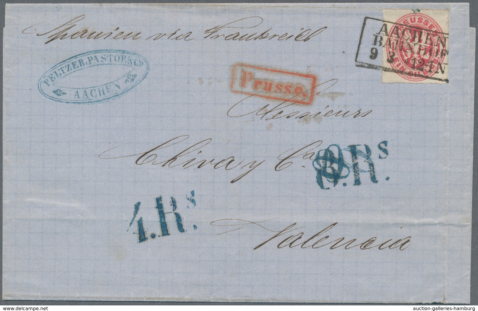 Preußen - Marken Und Briefe: 1863, 1 Silbergr. Karmin, Am 9.3. Auf Brief Von Aachen Nach Valencia/Sp - Sonstige & Ohne Zuordnung