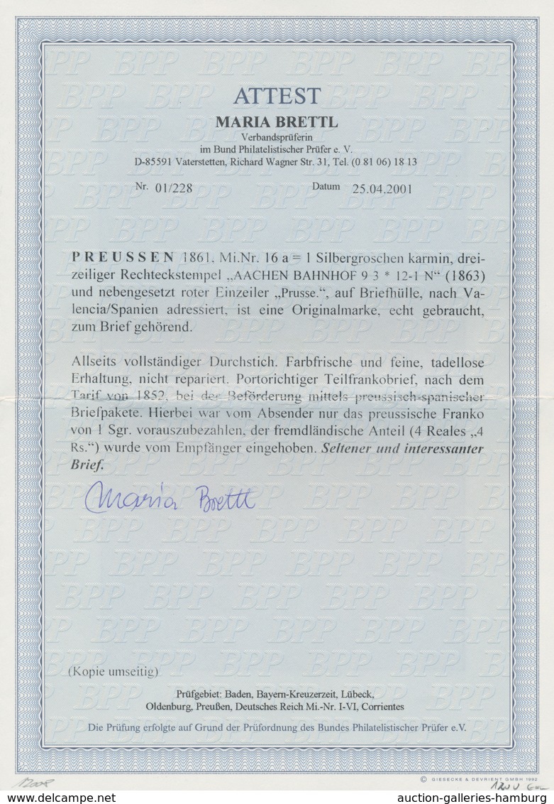 Preußen - Marken Und Briefe: 1863, 1 Silbergr. Karmin, Am 9.3. Auf Brief Von Aachen Nach Valencia/Sp - Sonstige & Ohne Zuordnung