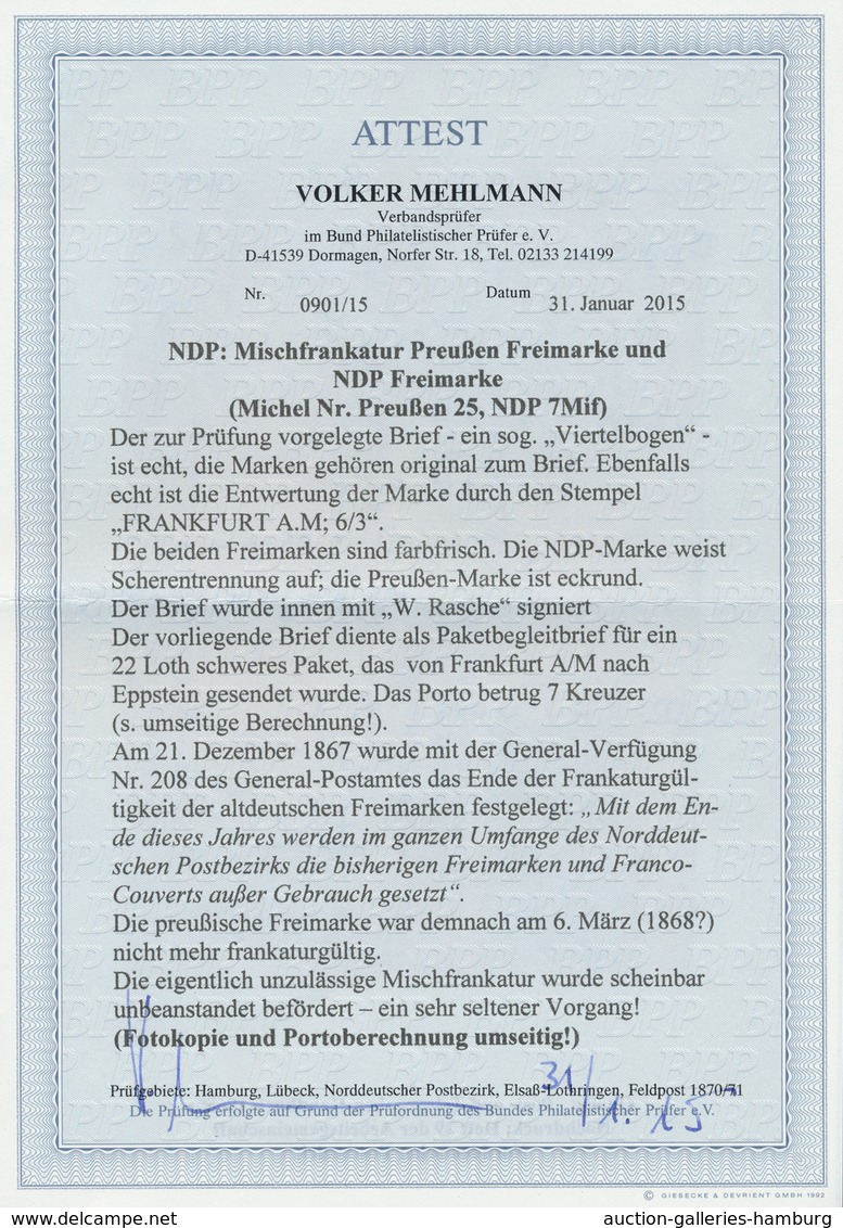 Preußen - Marken Und Briefe: 1867, 6 Kreuzer Blau, Mi.-Nr. 25, In Mischfrankatur Mit 1868, Norddt. B - Sonstige & Ohne Zuordnung