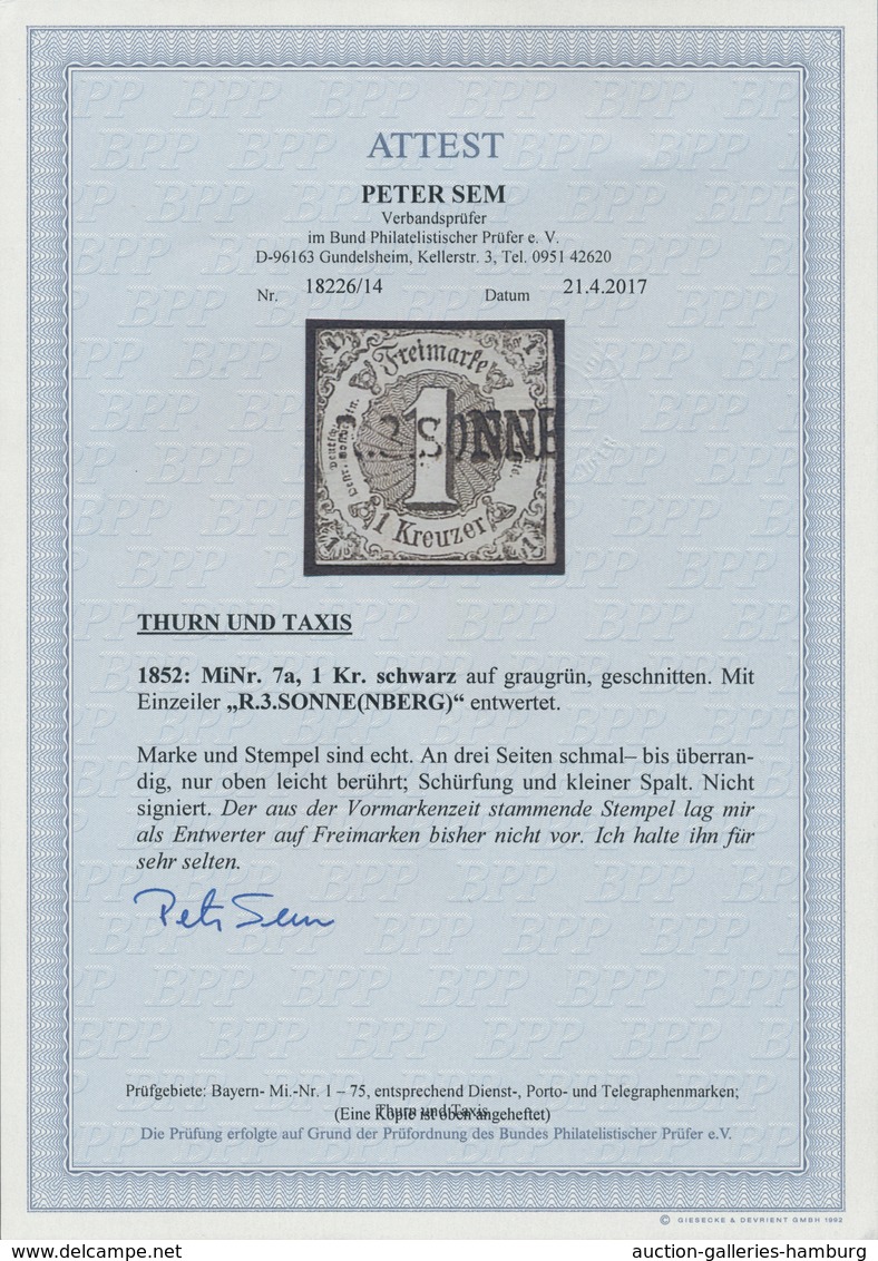 Thurn & Taxis - Marken Und Briefe: 1852, 1 Kr. Schwarz A. Graugrün Mit 1807 Rayon-L1 "R.3.SONNE(NBER - Sonstige & Ohne Zuordnung
