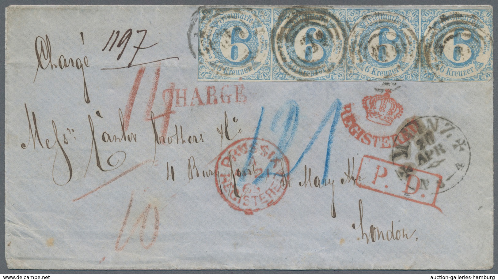 Thurn & Taxis - Marken Und Briefe: 1865, 24-Kreuzer-Frankatur, Bestehend Aus 6 Kr. Blau Im Waagerech - Sonstige & Ohne Zuordnung