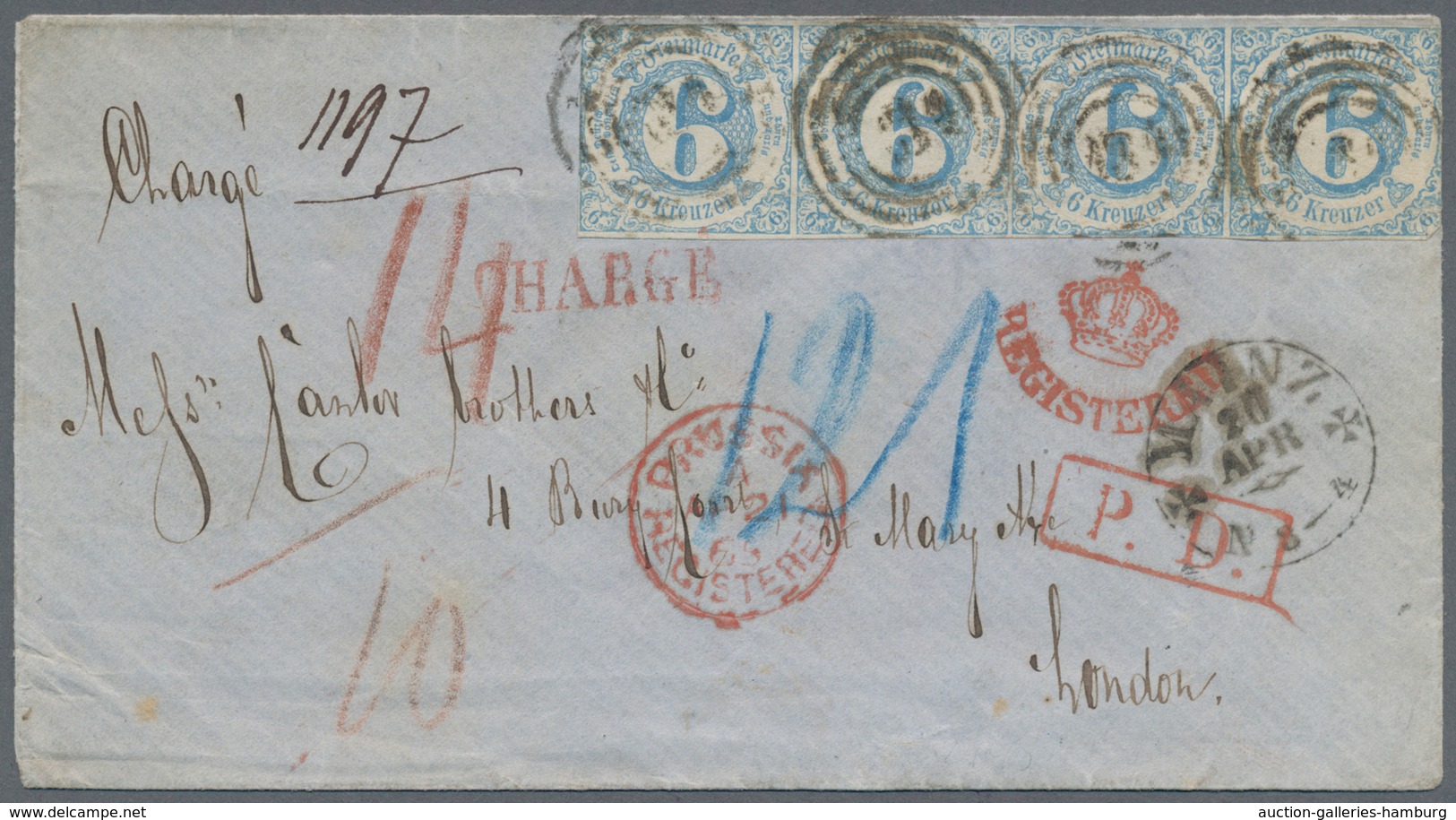 Thurn & Taxis - Marken Und Briefe: 1865, 24-Kreuzer-Frankatur, Bestehend Aus 6 Kr. Blau Im Waagerech - Other & Unclassified