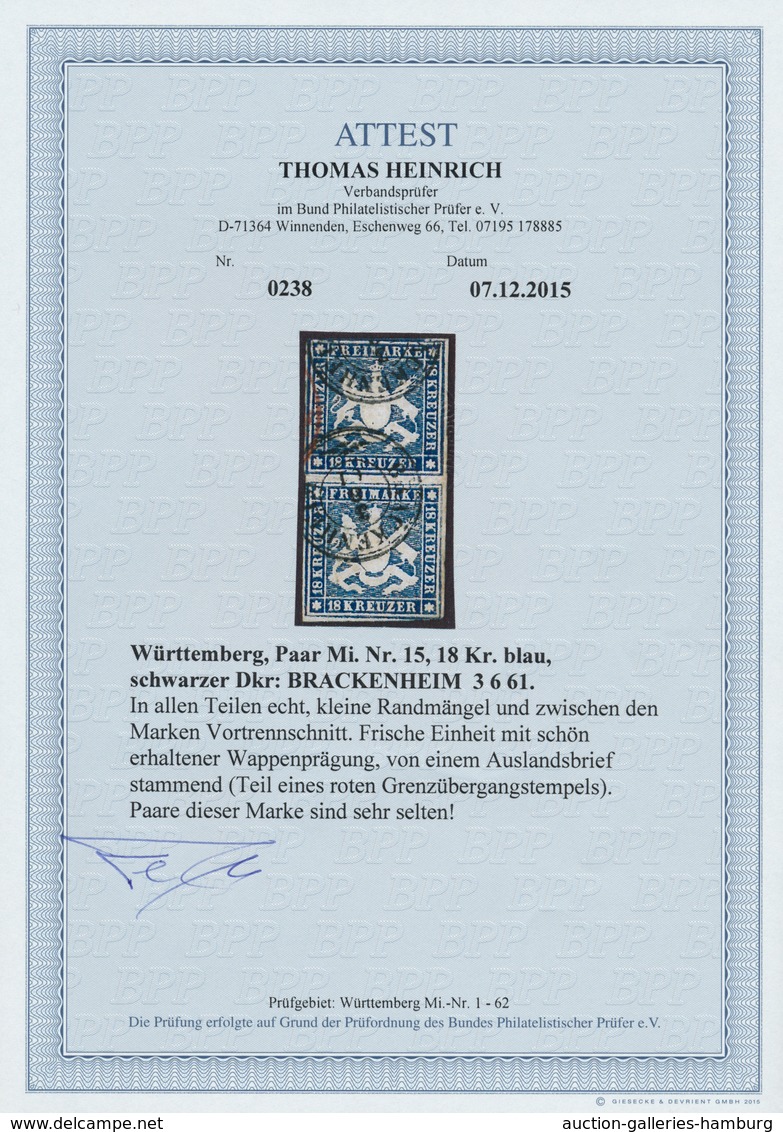 Württemberg - Marken Und Briefe: 1859, 18 Kr. Dunkelblau (ohne Seidenfaden) Im Senkrechten Paar Mit - Other & Unclassified