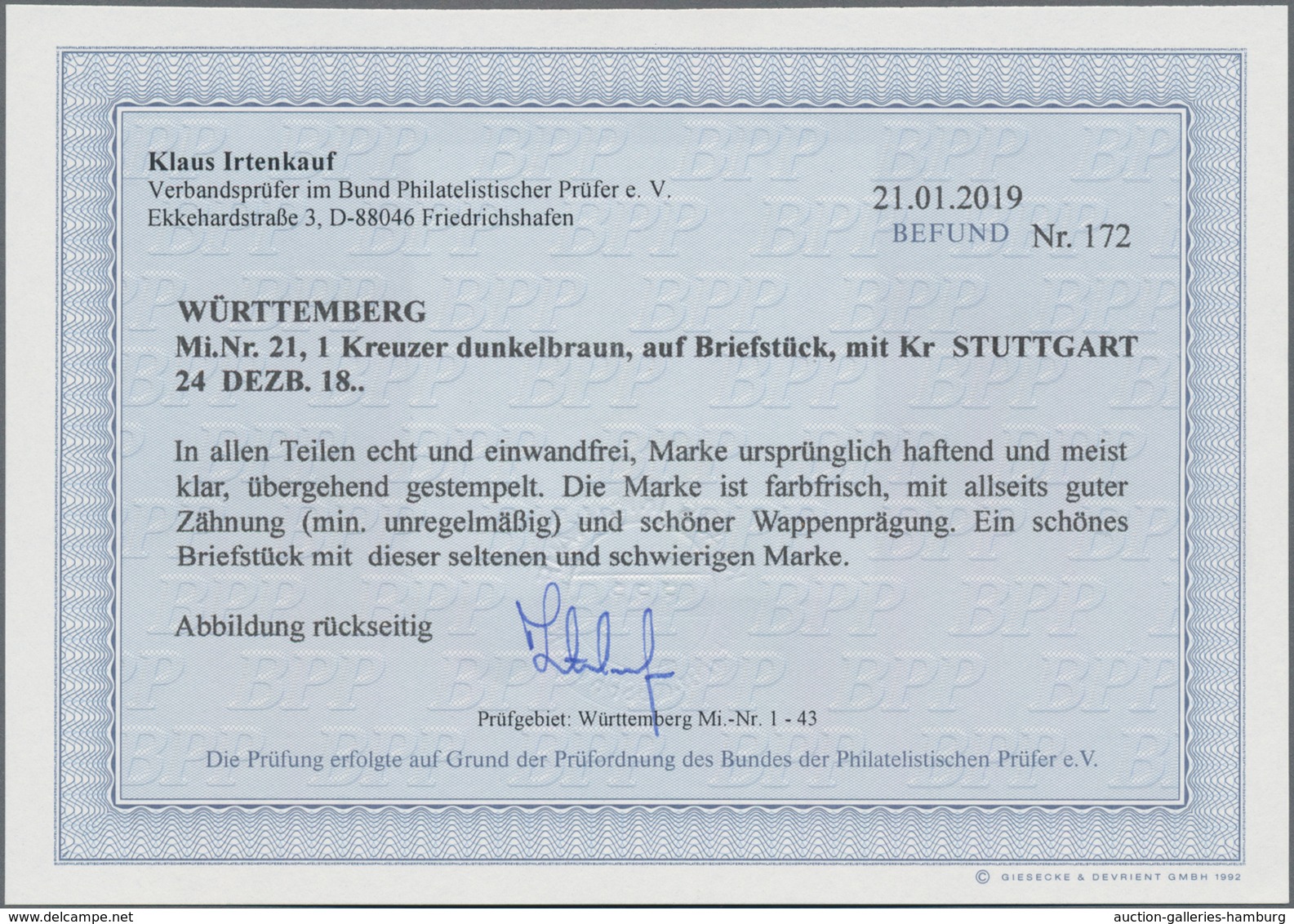 Württemberg - Marken Und Briefe: 1862 1 Kr Dunkelbraun Auf Briefstück Mit Kr Stuttgart 24 Dez, Farbf - Sonstige & Ohne Zuordnung