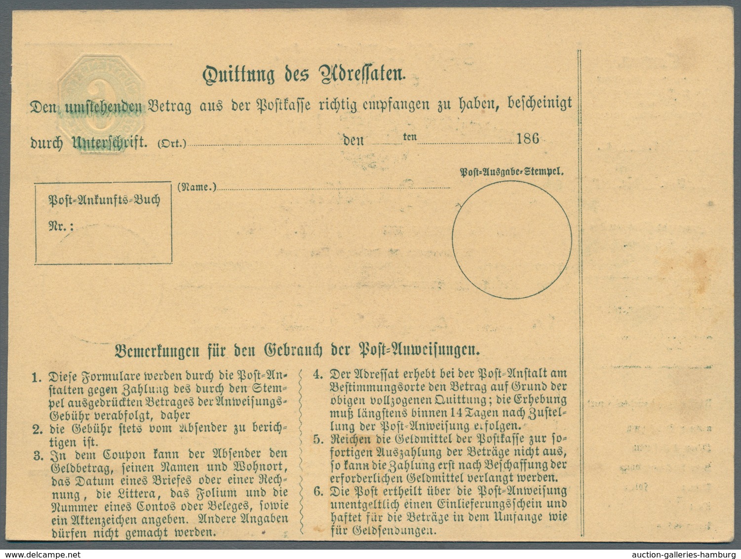 Württemberg - Ganzsachen: 1866, Seltener Post-Anweisungs-PROBEDRUCK 6 Kr. Blau Mit Punkt-Rahmen Um W - Sonstige & Ohne Zuordnung