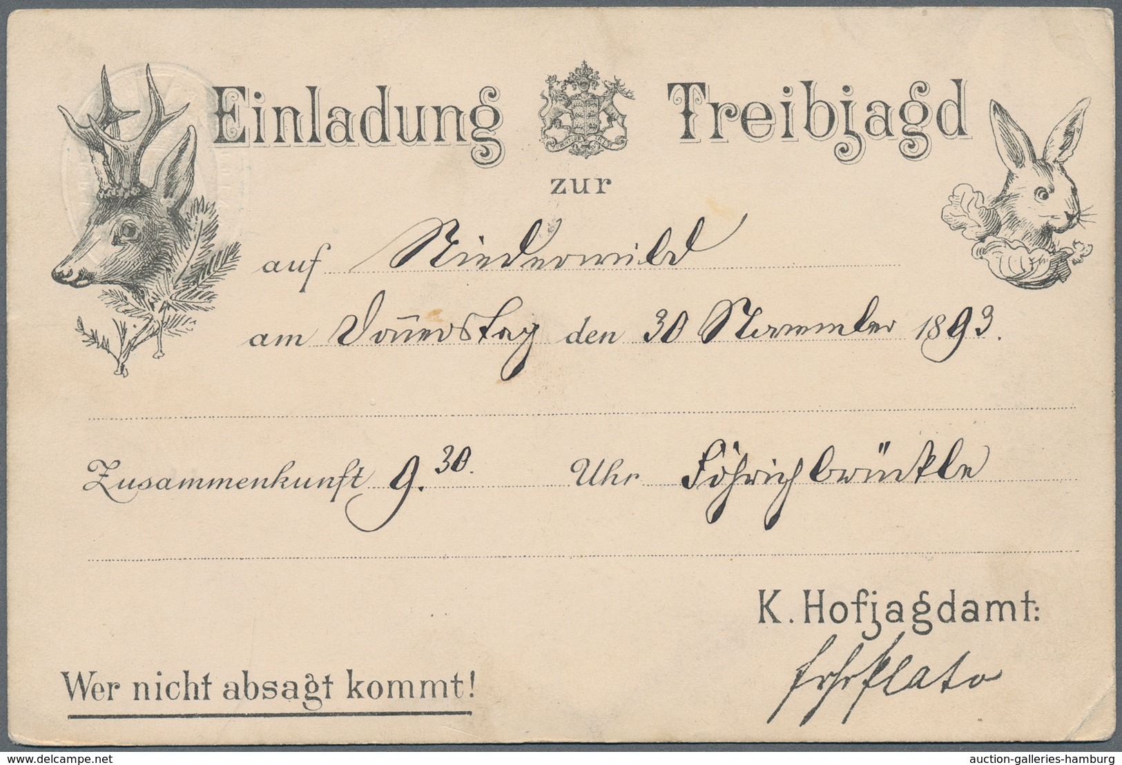 Württemberg - Besonderheiten: 1893 Dienstpostkarte Des Königlichen Hofjagdamtes Mit "Einladung Zur T - Other & Unclassified