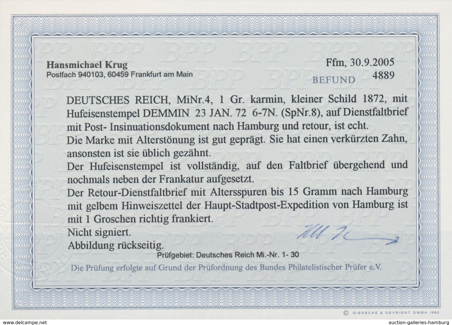 Deutsches Reich - Hufeisenstempel: DEMMIN 23 JAN 73 Auf Dienstbrief Mit Kleiner Schild 1 Gr. Und Ret - Maschinenstempel (EMA)