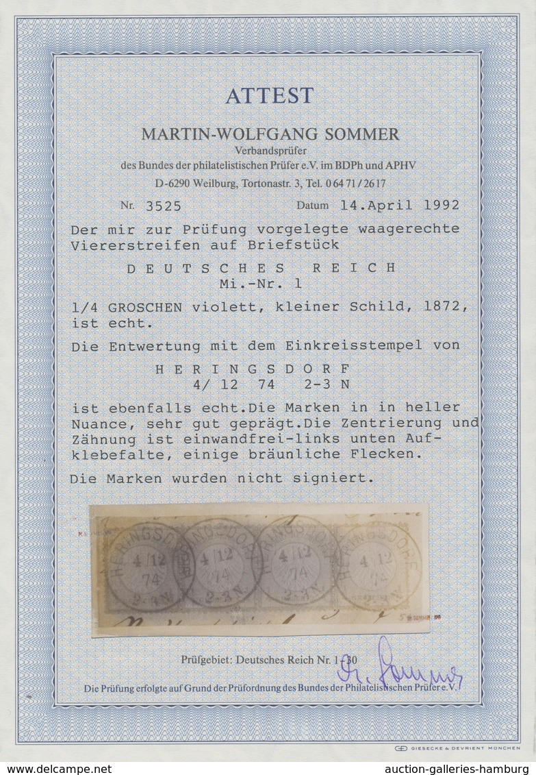 Deutsches Reich - Brustschild: 1872, Kleiner Schild ¼ Gr. Violett Im 4er Streifen Auf Briefstück Mit - Other & Unclassified