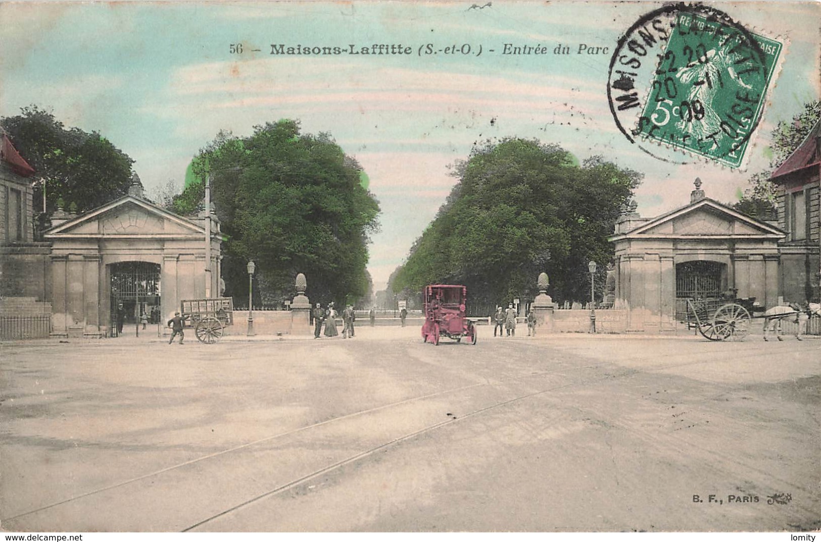 78 Maisons Laffitte Entrée Du Parc Cpa Carte Animée Colorisée Vieille Voiture Auto Automobile Cachet 1909 - Maisons-Laffitte