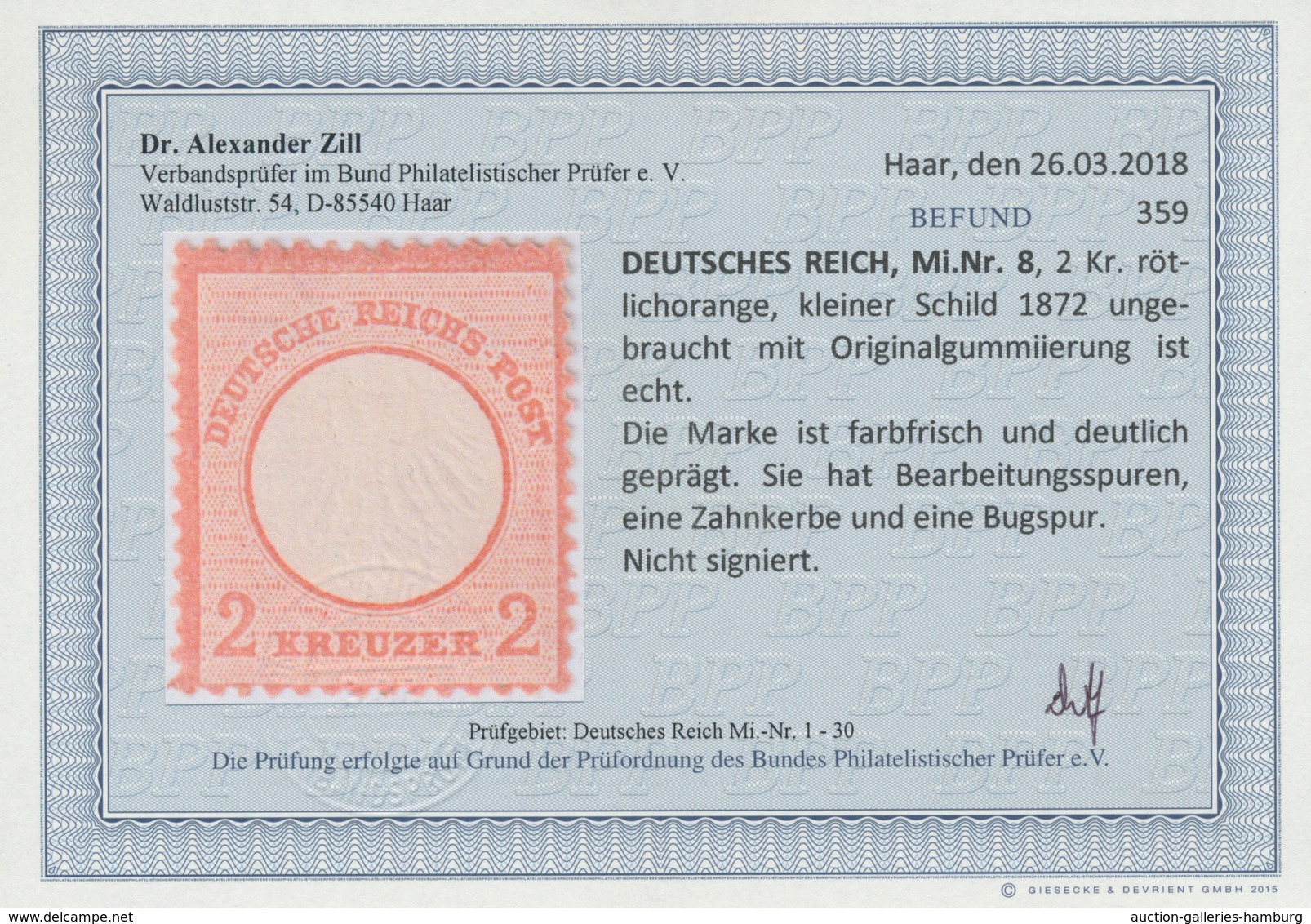 Deutsches Reich - Brustschild: 1872, Kleiner Schild 2 Kreuzer Rötlichorange, Ungebraucht Mit Origina - Other & Unclassified