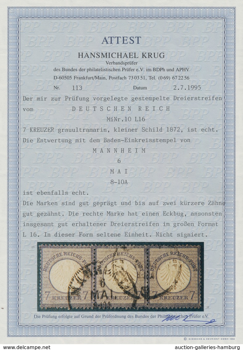 Deutsches Reich - Brustschild: 1872, Kleiner Schild 7 Kr. Ultramarin Im 3er Streifen Mit K1 "MANNHEI - Sonstige & Ohne Zuordnung