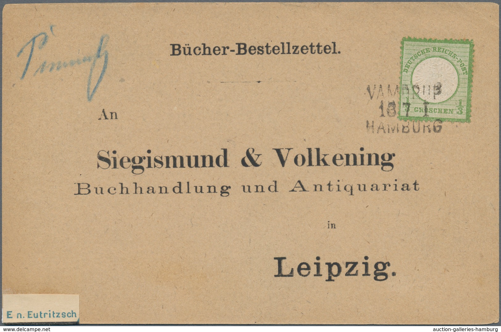 Deutsches Reich - Brustschild: 1872, Großer Schild 1/3 Gr. Dunkelgrün Auf Vordruck-Bücherzettel Mit - Sonstige & Ohne Zuordnung