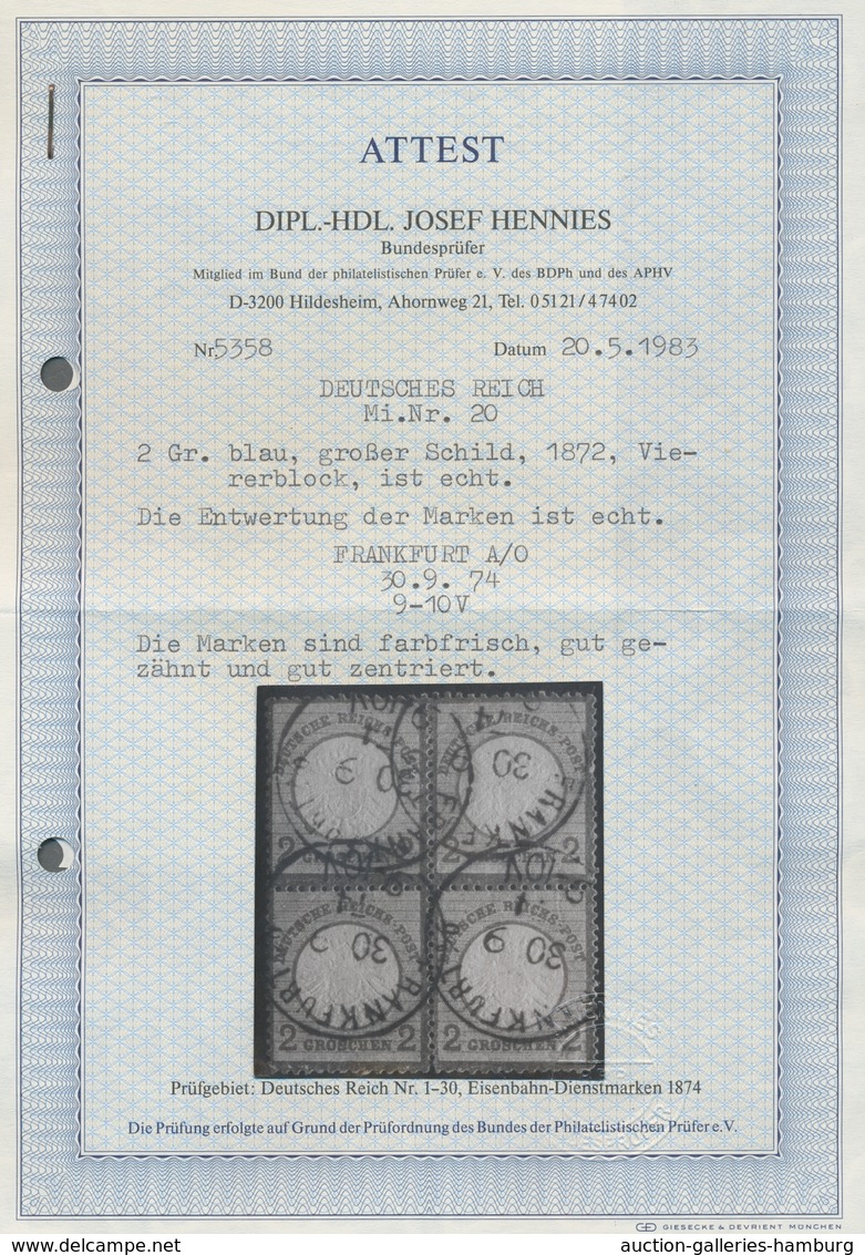 Deutsches Reich - Brustschild: 1872; Großer Schild 2 Groschen Blau Im Viererblock Gestempelt "Frankf - Sonstige & Ohne Zuordnung