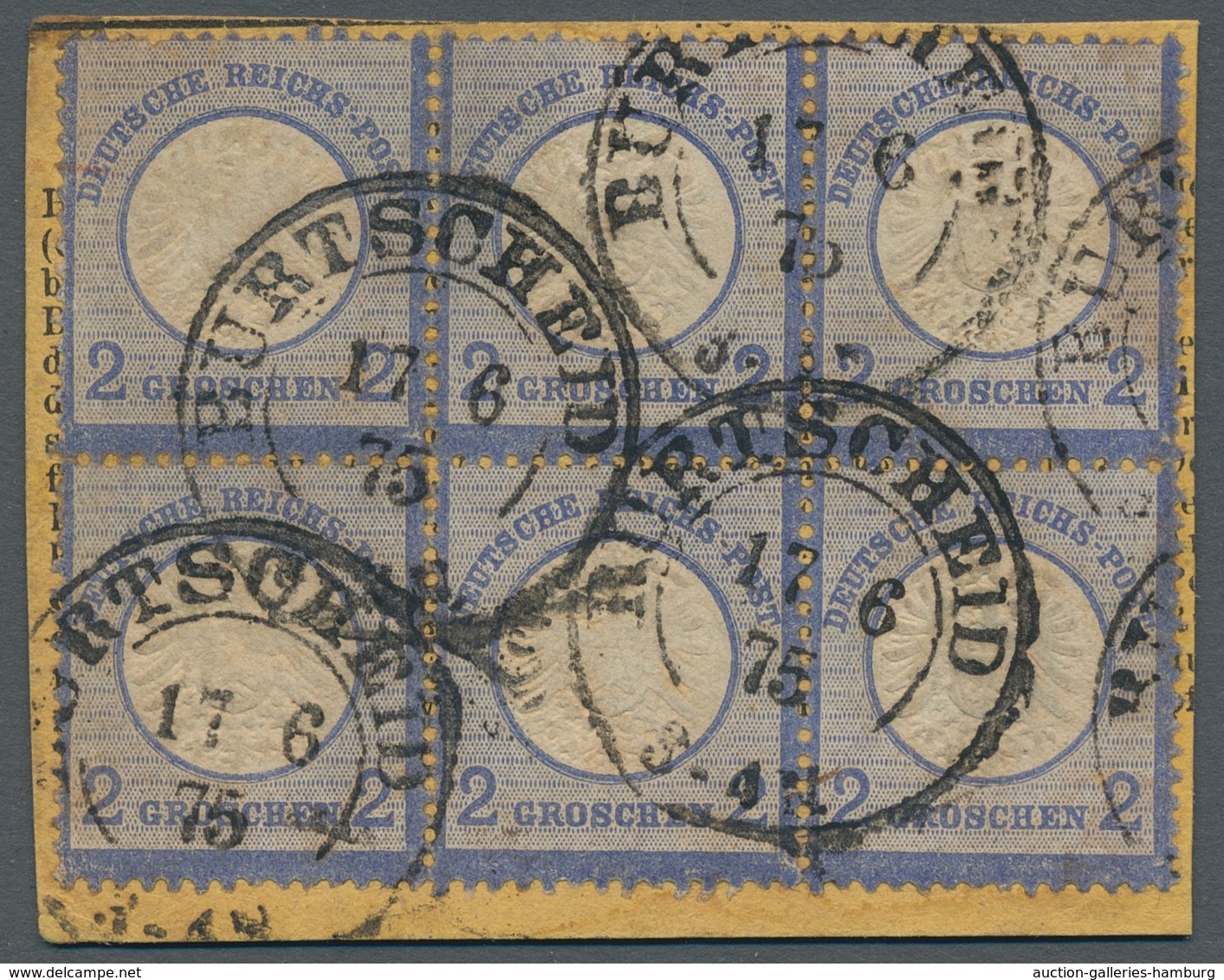 Deutsches Reich - Brustschild: 1872; Großer Schild 2 Groschen Blau Im Sechserblock Auf Briefstück En - Other & Unclassified