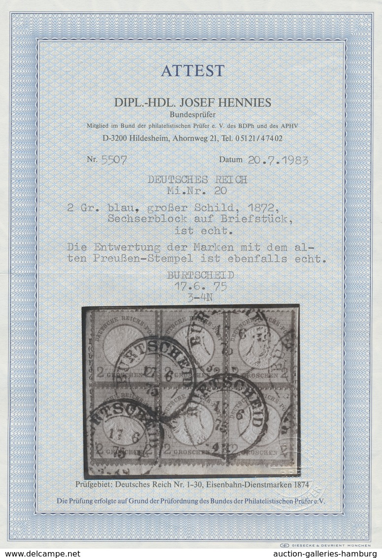 Deutsches Reich - Brustschild: 1872; Großer Schild 2 Groschen Blau Im Sechserblock Auf Briefstück En - Sonstige & Ohne Zuordnung