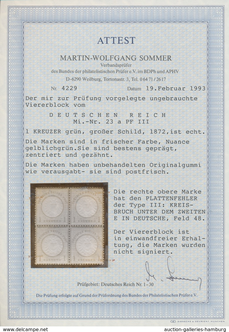 Deutsches Reich - Brustschild: 1874, Großer Schild 1 Kr. Grün POSTFRISCHER 4er-Block Mit Plattenfehl - Sonstige & Ohne Zuordnung