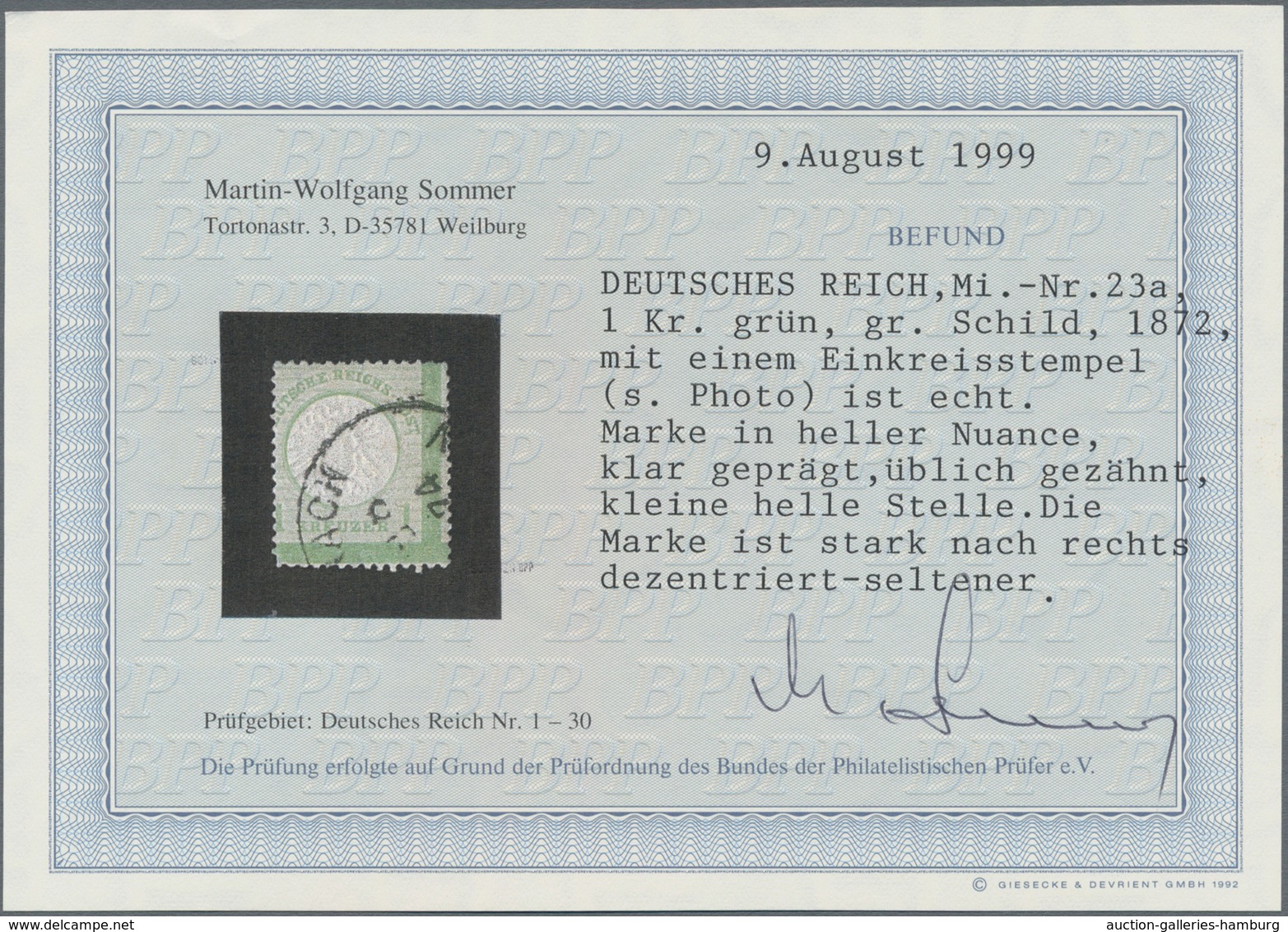 Deutsches Reich - Brustschild: 1872, Großer Schild 1 Kr. Hellgrün Mit Stark Verschobener Zähnung Mit - Sonstige & Ohne Zuordnung