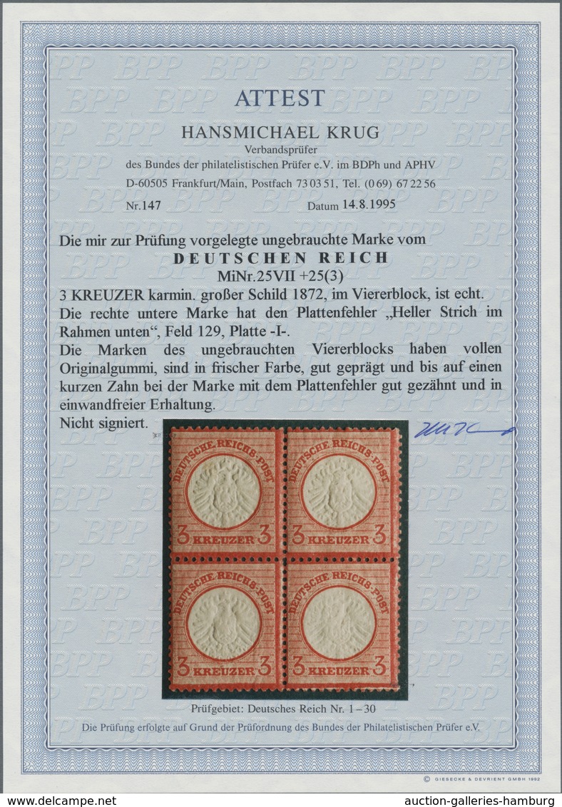 Deutsches Reich - Brustschild: 1872 Großer Schild 3 Kr. Im Viererblock Dabei Rechte Untere Marke Pla - Other & Unclassified