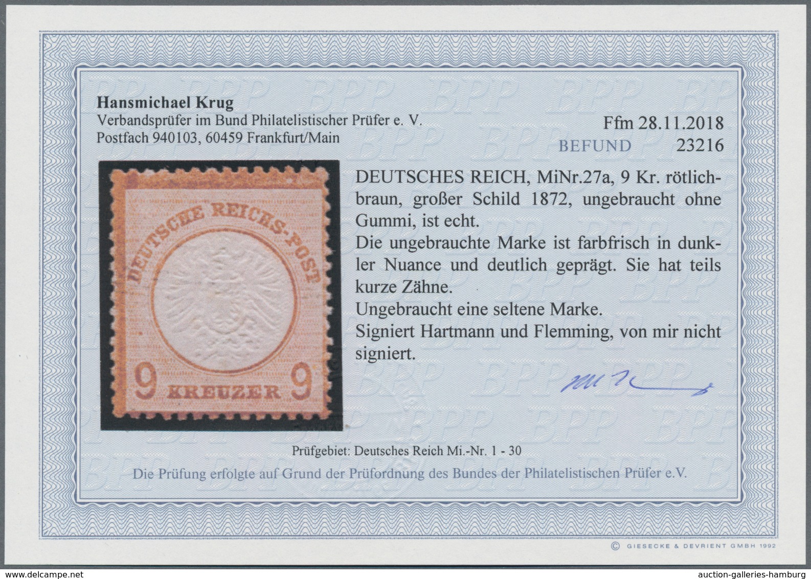 Deutsches Reich - Brustschild: 1872, Großer Schild 9 Kr. Rötlichbraun, Ungebraucht Ohne Gummi, Farbf - Sonstige & Ohne Zuordnung