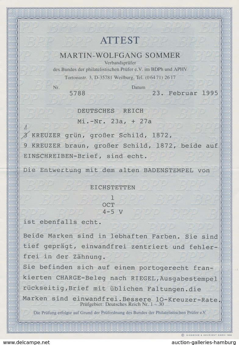 Deutsches Reich - Brustschild: 1872 Großer Schild 9 Kr. Rotbraun Und 1 Kr. Gellgrün Auf Einschreiben - Sonstige & Ohne Zuordnung