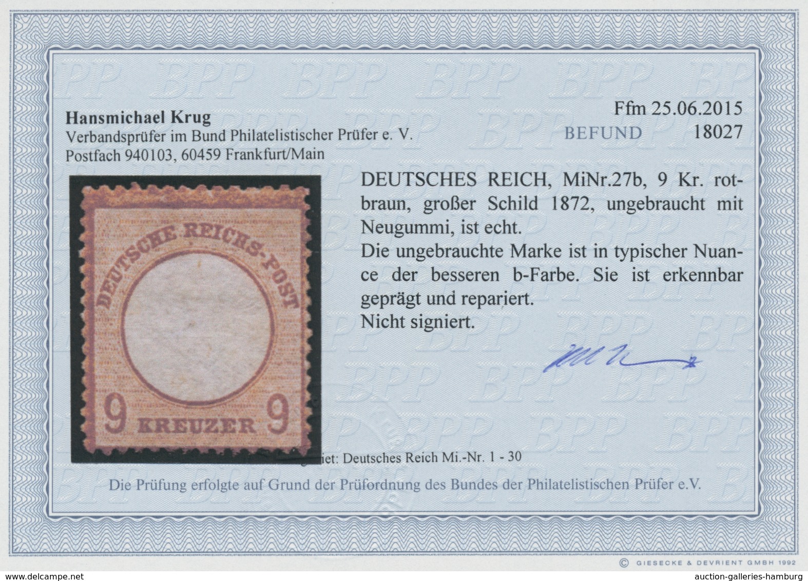 Deutsches Reich - Brustschild: 1872, 9 Kreuzer Großer Brustschild Mittelrotbraun Ungebraucht Mit Neu - Other & Unclassified