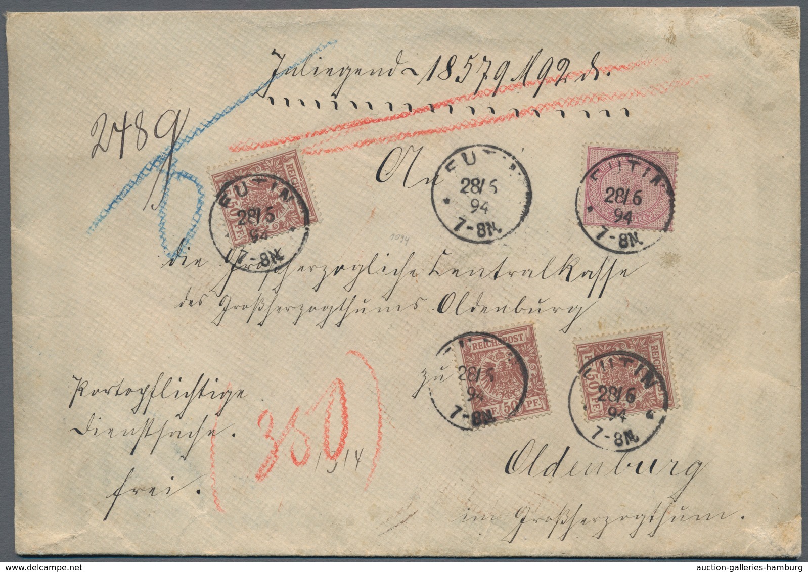 Deutsches Reich - Pfennige: 1894, 2 Mk. Und 3x 50 Pfg. Krone/Adler Auf Gesiegeltem Wertbrief Von Eut - Briefe U. Dokumente