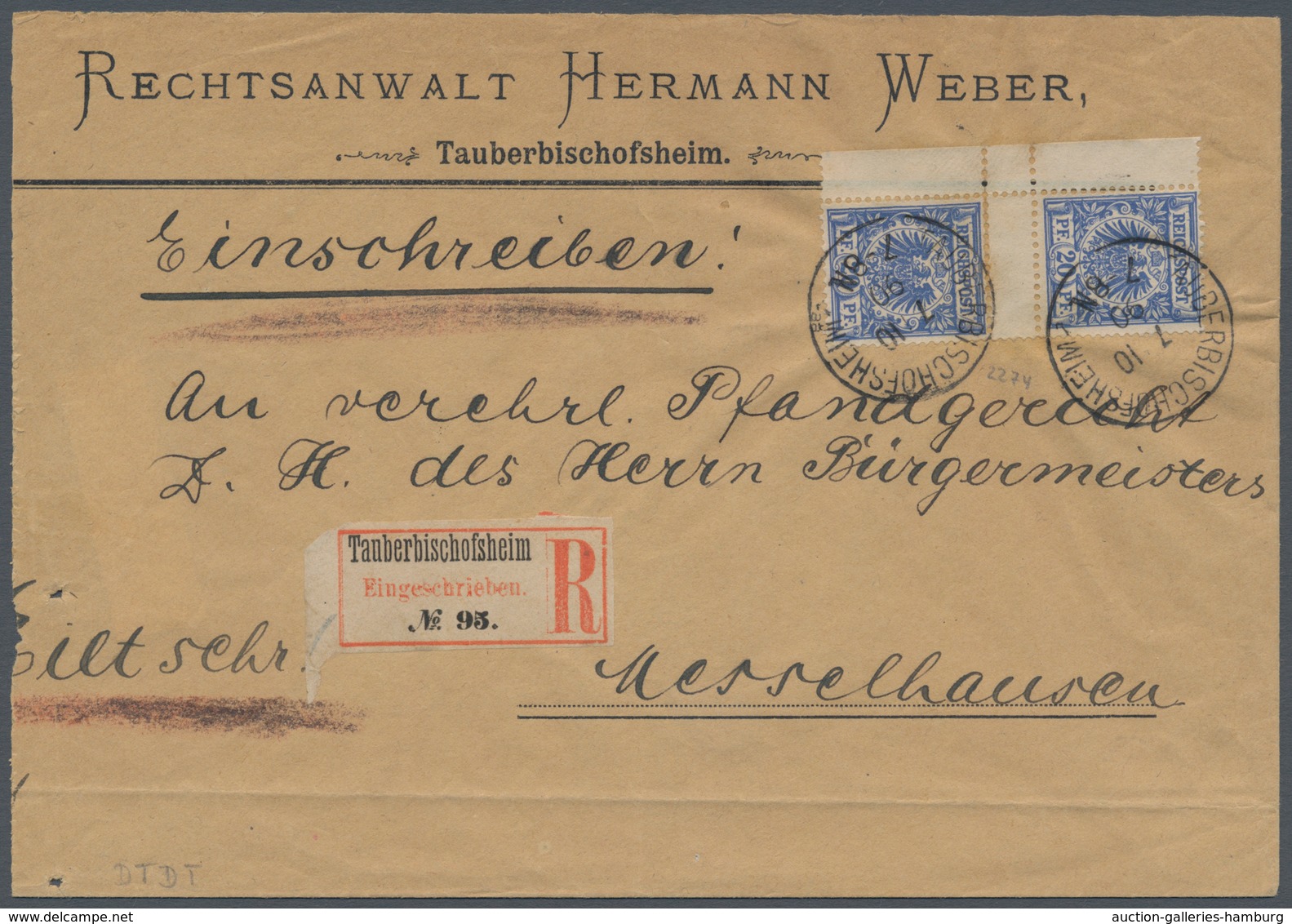 Deutsches Reich - Krone / Adler: 1889, 20 Pfg. Lebhaftultramarin Im Zwischenstegpaar Auf R-Brief Von - Gebraucht