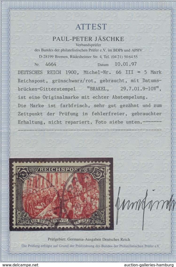 Deutsches Reich - Germania: 1900, Reichspost 5 Mk. Nachmalung Rot/weiß, Sauber Gestempelt. Attest Jä - Other & Unclassified