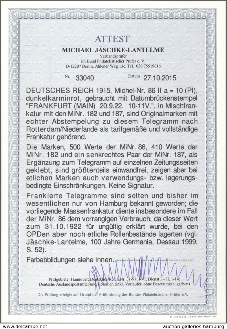 Deutsches Reich - Germania: 1915/1922, 10 Pf Dkl'karminrot Germania, 500 Stück, 40 Pf Orange Ziffer, - Sonstige & Ohne Zuordnung