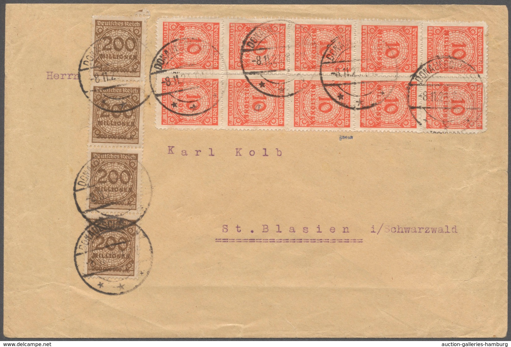 Deutsches Reich - Inflation: 1923, Brief Mit Vs. 10er-Block 10 Mio. Mark (Durchstich) Und 4er-Streif - Unused Stamps