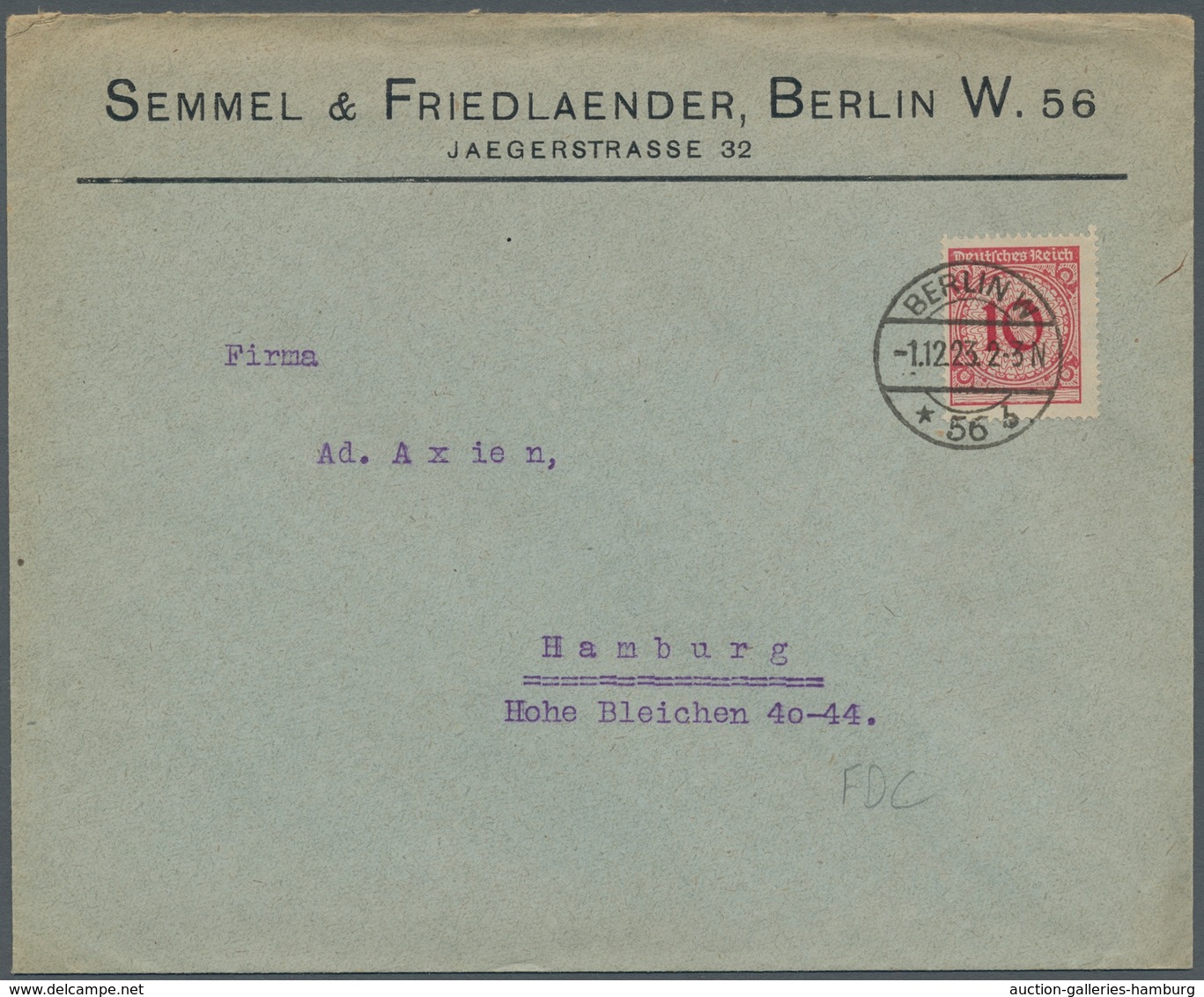 Deutsches Reich - Weimar: 1923, 10 Rentenpf. Mit Ersttagstpl. Vom 1.12.23 Auf Sauberen Bedarfsbeleg. - Other & Unclassified