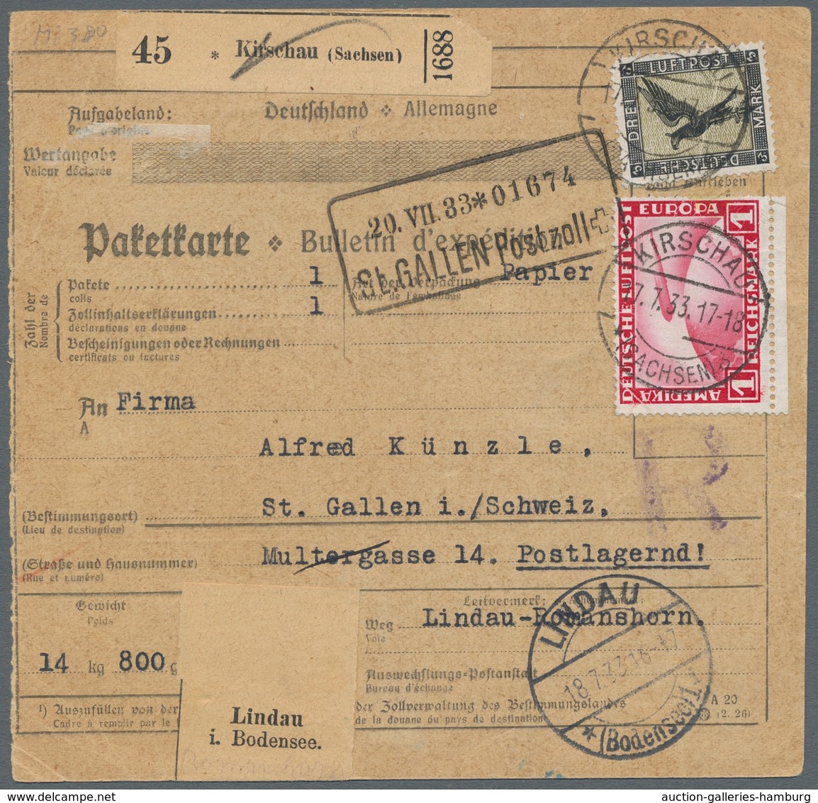 Deutsches Reich - Weimar: 1933, Paketkarte Von KIRSCHAU (Sachsen) In Die Schweiz, Mit Guter Frankatu - Other & Unclassified