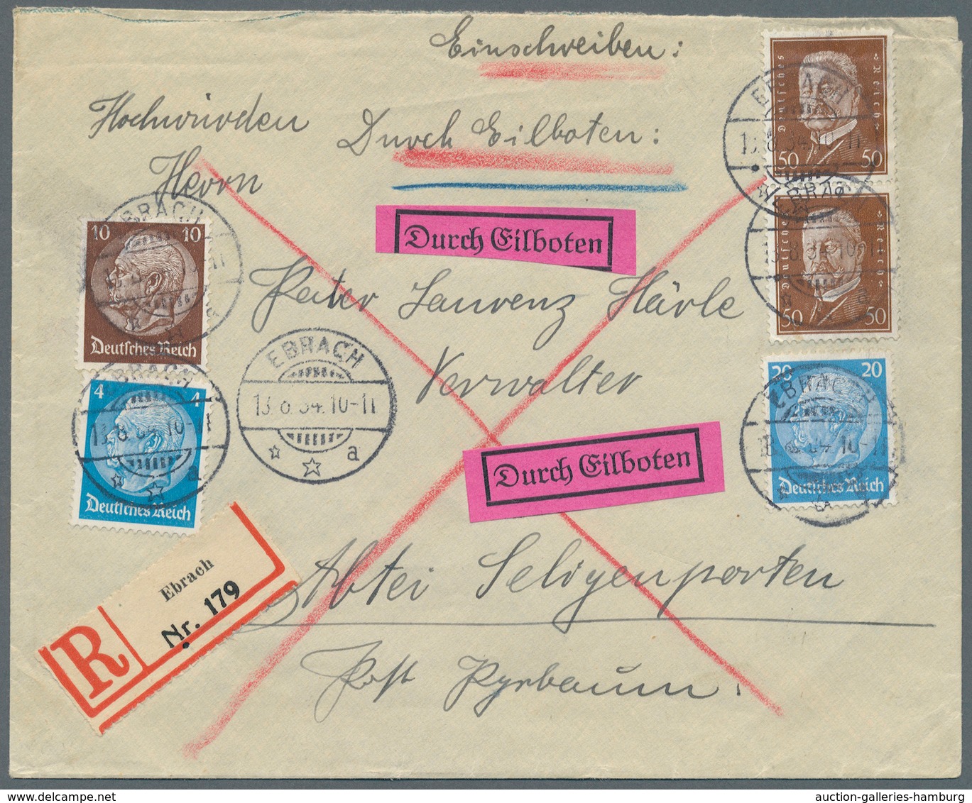 Deutsches Reich - 3. Reich: 1934, 4, 10, 20 U. 2 X 50 Pf Freimarken Hindenburg, Portogerechte MiF Au - Covers & Documents