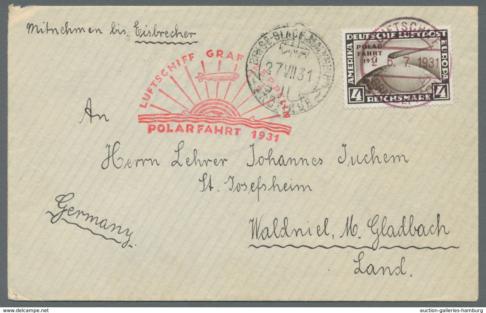 Deutsches Reich - Weimar: 1931, 4 RM Polarfahrt Auf Sauberem Zeppelinbrief, Bordpost Bis Zum Eisbrec - Other & Unclassified