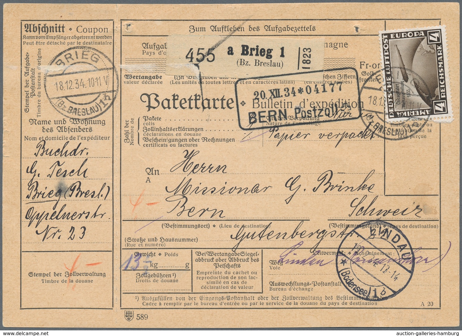 Deutsches Reich - 3. Reich: 1933, 4 RM Chicagofahrt, Portogerecht Als Einzelfrankatur Auf Paketkarte - Briefe U. Dokumente