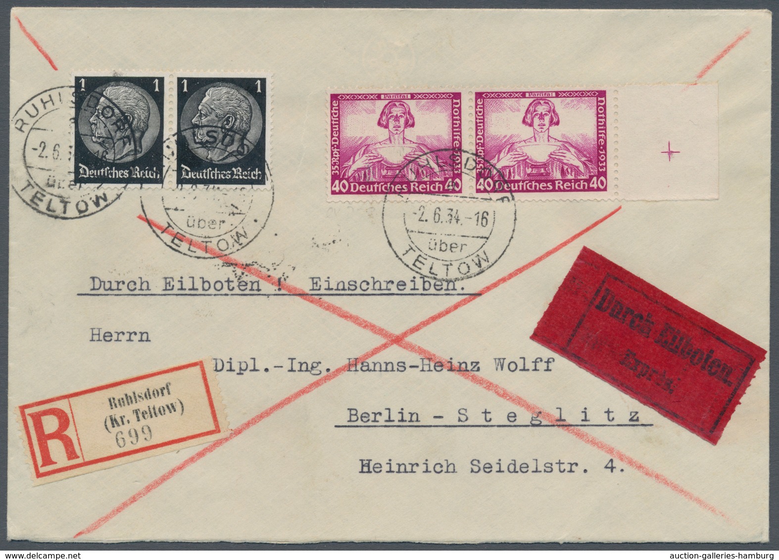 Deutsches Reich - 3. Reich: 1934, Wagner 40 Pfg. Im Waagerechten Randpaar Mit Passerkreuz U. Paar De - Covers & Documents