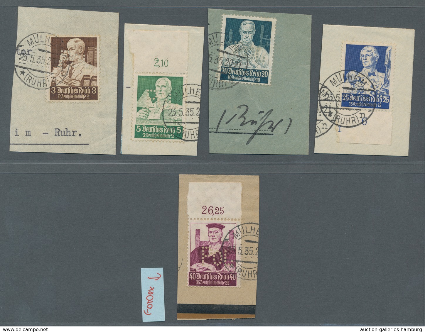 Deutsches Reich - 3. Reich: 1934 - Berufsstände, Fünf Werte Auf Briefstück Mit POL-Lochung, Dabei De - Covers & Documents
