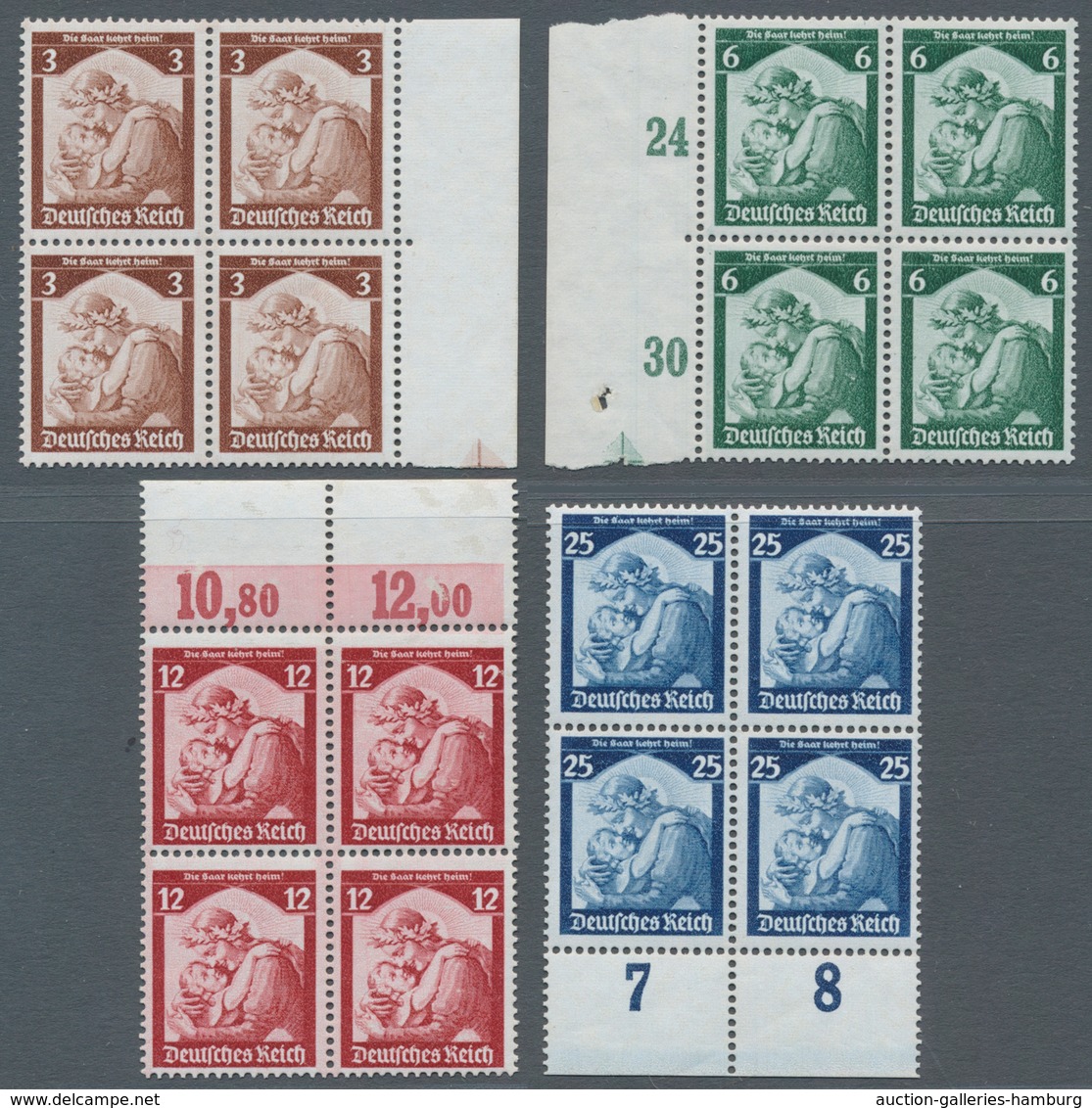 Deutsches Reich - 3. Reich: 1935, 3Pf. Bis 25Pf., Saarabstimmung, Kompletter Postfrischer Viererbloc - Covers & Documents