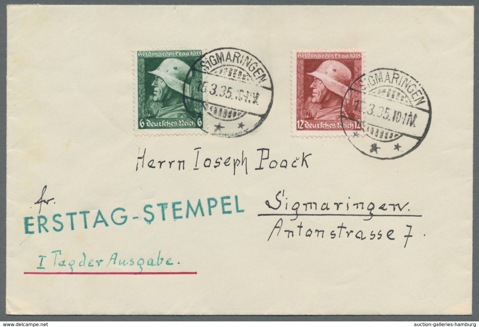 Deutsches Reich - 3. Reich: 1935, "Heldengedenktag" Auf Ersttagsbrief Mit SIGMARINGEN 15.3.35 In Tad - Briefe U. Dokumente