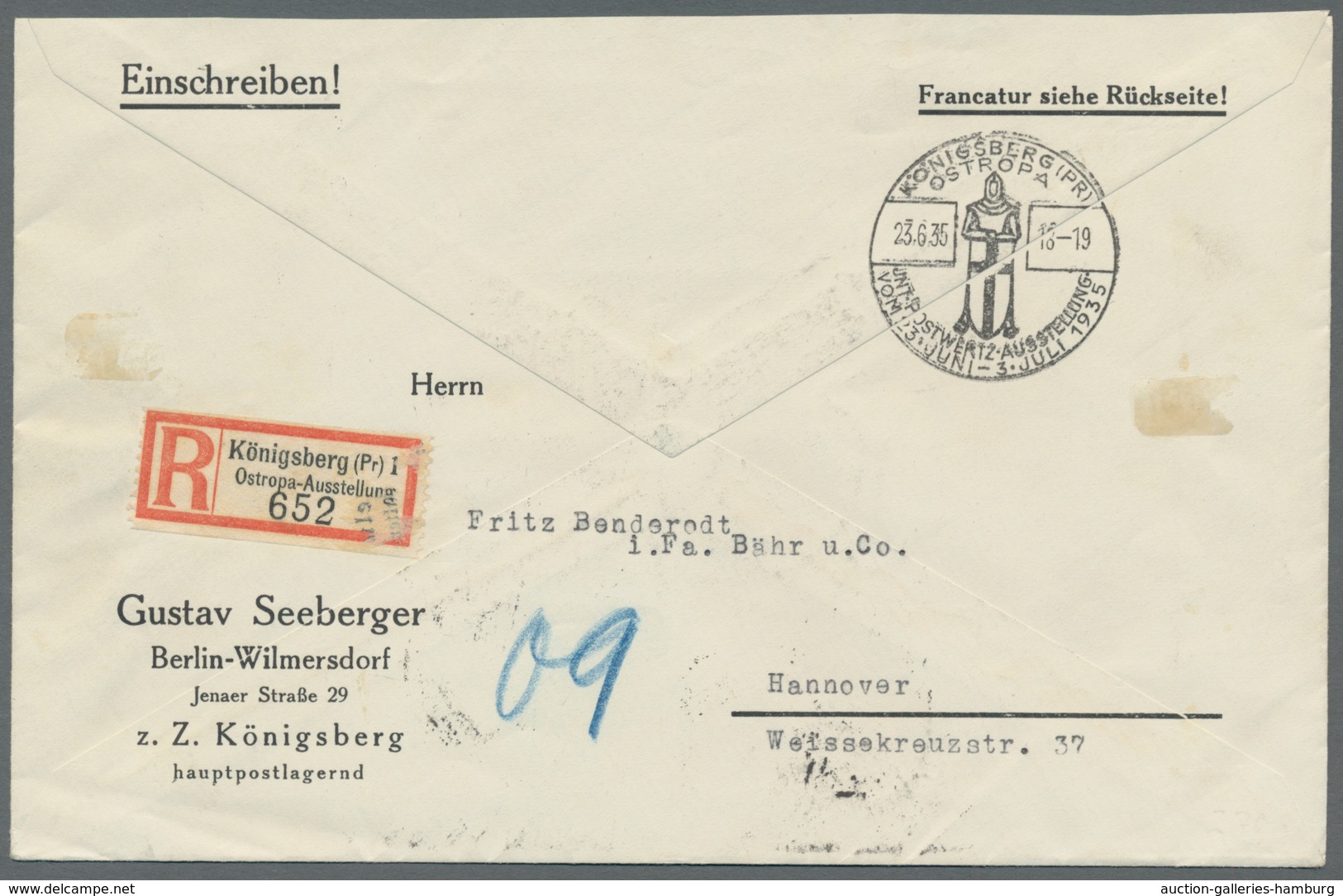 Deutsches Reich - 3. Reich: 1935, "OSTROPA"-Block Rs. Mit Zweimal ESST Auf R-FDC Nach Hannover, Rs. - Cartas & Documentos