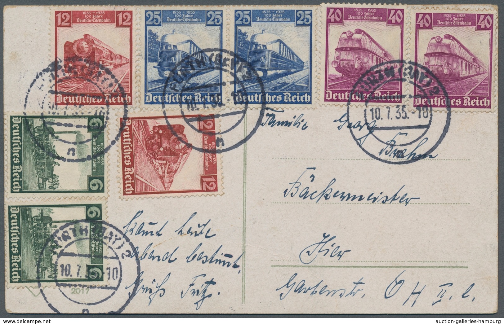 Deutsches Reich - 3. Reich: 1935 Eisenbahn, 2 Sätze Auf überfrankierter Glückwunschkarte Mit Ersttag - Covers & Documents