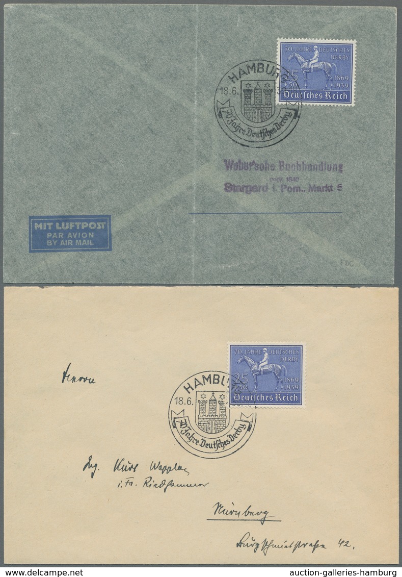 Deutsches Reich - 3. Reich: 1939, Deutsches Derby 3 Mal Auf FDC, Einmal Dabei Auf Gedenkblatt Je Mit - Covers & Documents