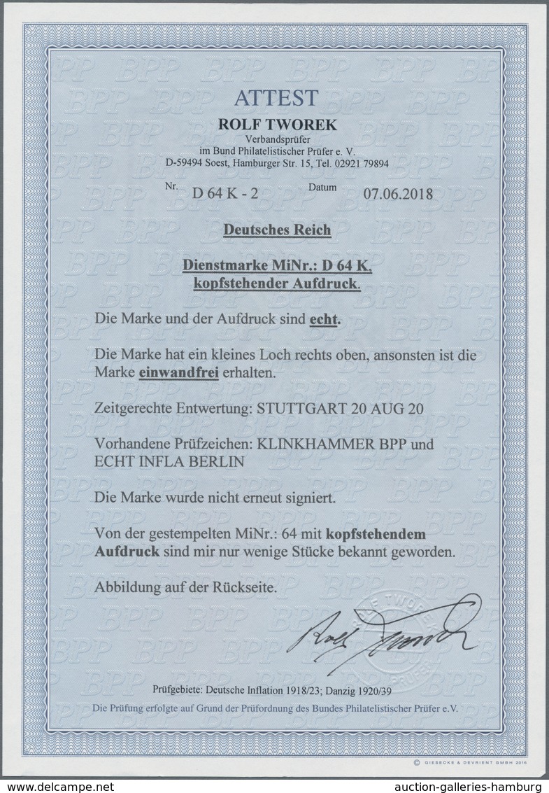 Deutsches Reich - Dienstmarken: 1920, 1 M. "Amtlicher Verkehr" Mit Kopfstehendem Aufdruck, Gebraucht - Officials