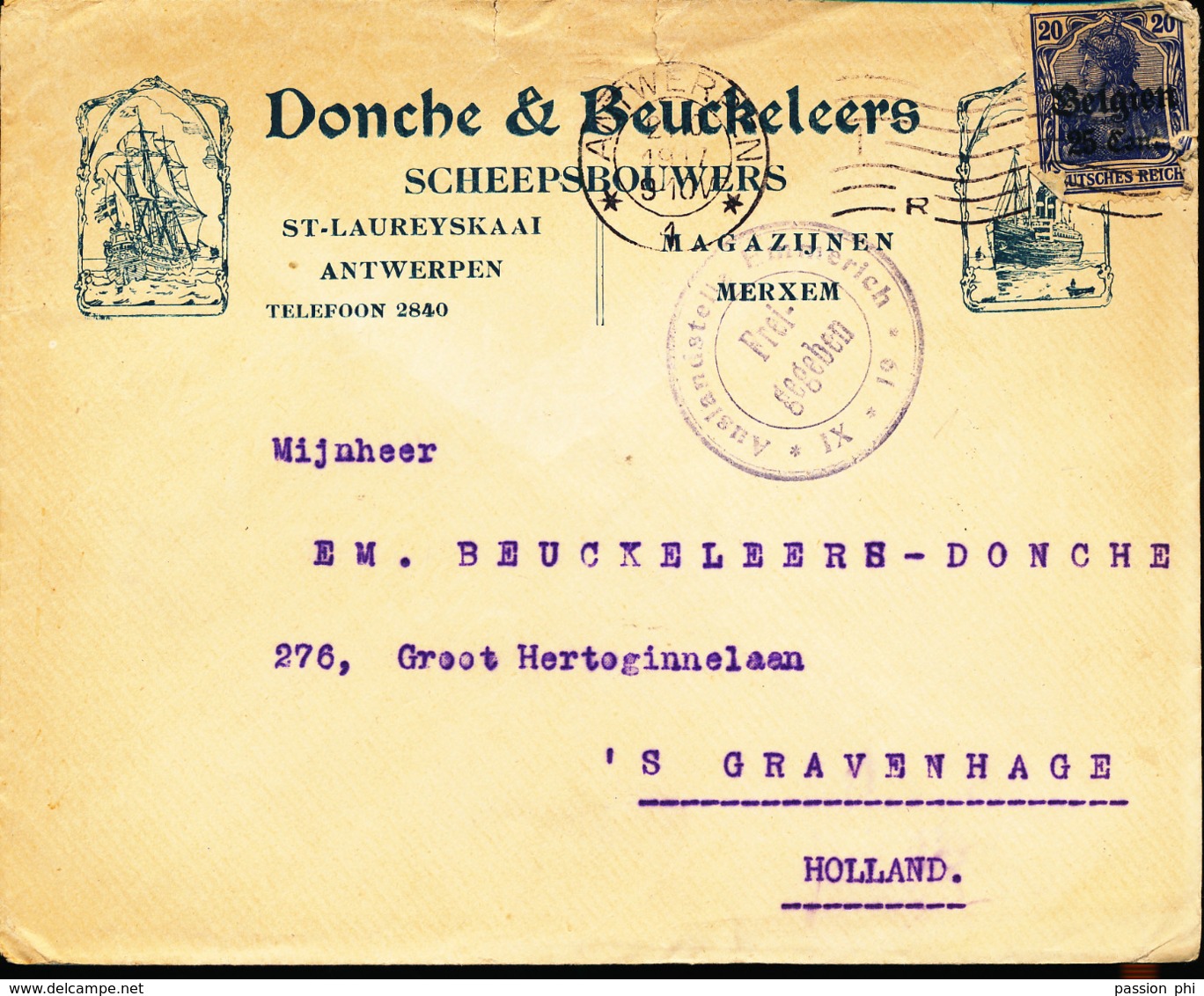 BELGIUM  WW1 COVER FROM ANTWERPEN TO GRAVENHAGE - OC1/25 Gouvernement Général