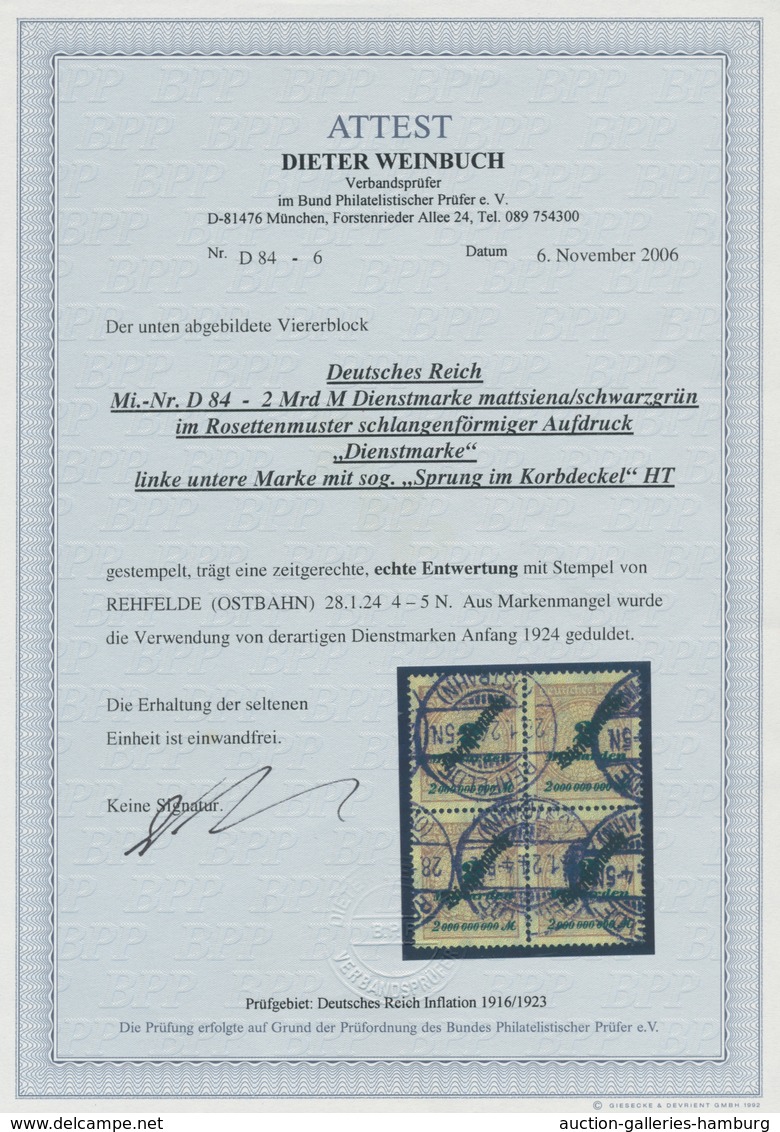 Deutsches Reich - Dienstmarken: 1923, 2 Mrd. Mit Aufdruck "Dienstmarke" Im 4er Block Sauber Gest. Re - Dienstmarken