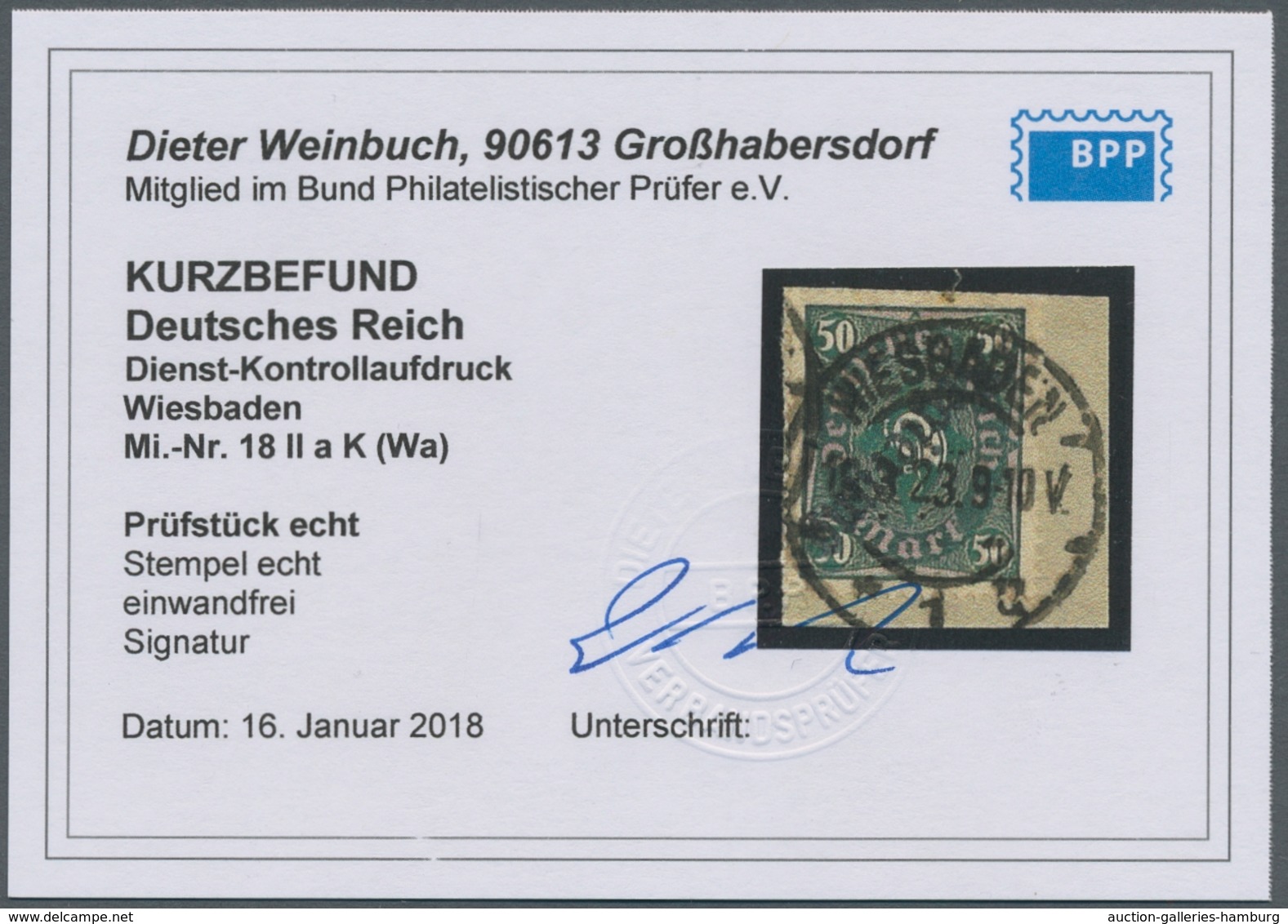 Deutsches Reich - Dienst-Kontrollaufdrucke: WIESBADEN: 1923, Posthörnchen 50 Mark Mit Kopfstehendem - Dienstmarken