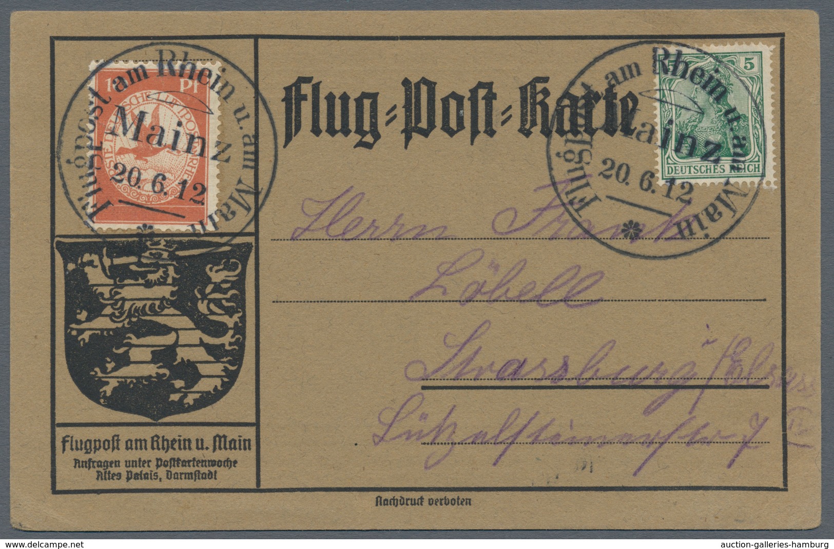 Deutsches Reich - Halbamtliche Flugmarken: 1912, Rhein/Main 10 Pfg. 3 Belege und 1 Beleg 20 Pfg. mit