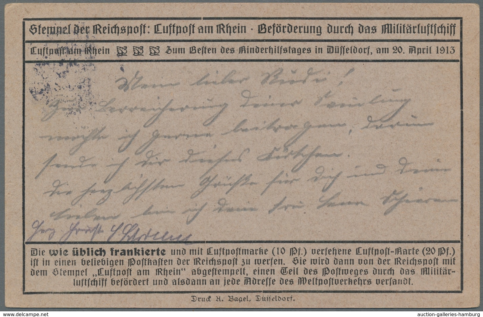 Deutsches Reich - Halbamtliche Flugmarken: 1913, Flugmarke Der "Zeppelinflugtage Düsseldorf" In Misc - Luft- Und Zeppelinpost