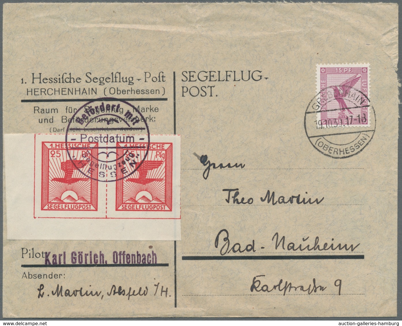 Deutsches Reich - Halbamtliche Flugmarken: 1930, "25 Pfg. Dunkelrosa" Als Waag. Eckrandpaar Auf Offi - Luft- Und Zeppelinpost