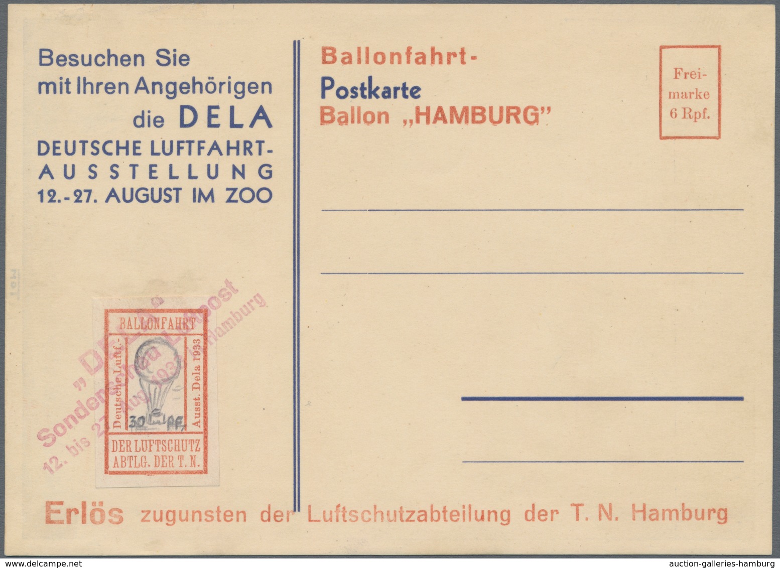 Deutsches Reich - Halbamtliche Flugmarken: 1923: Ballonfahrt Der Technischen Nothilfe Hamburg, Ungez - Luft- Und Zeppelinpost